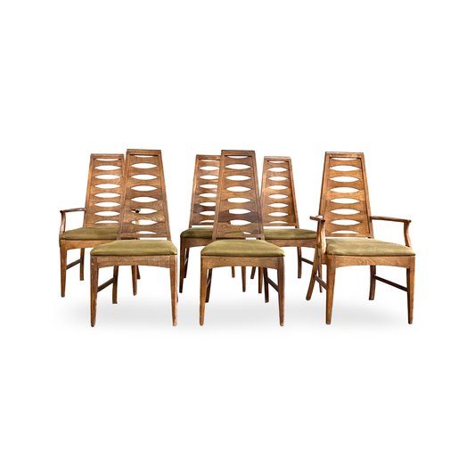 Young Manufacturing Mid Century Modern High Back 7 Slats Set of 6 Cat Eye Dining Chairs c. 1960s