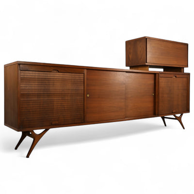 Vladimir Kagan Style Vintage Mid Century Modern Credenza and Bar Ca... — walnut construction, front view