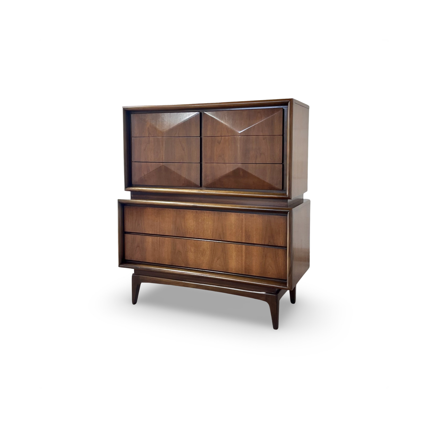 United Furniture Diamond Front Vintage Mid Century Modern Highboy Dresser c. 1960s