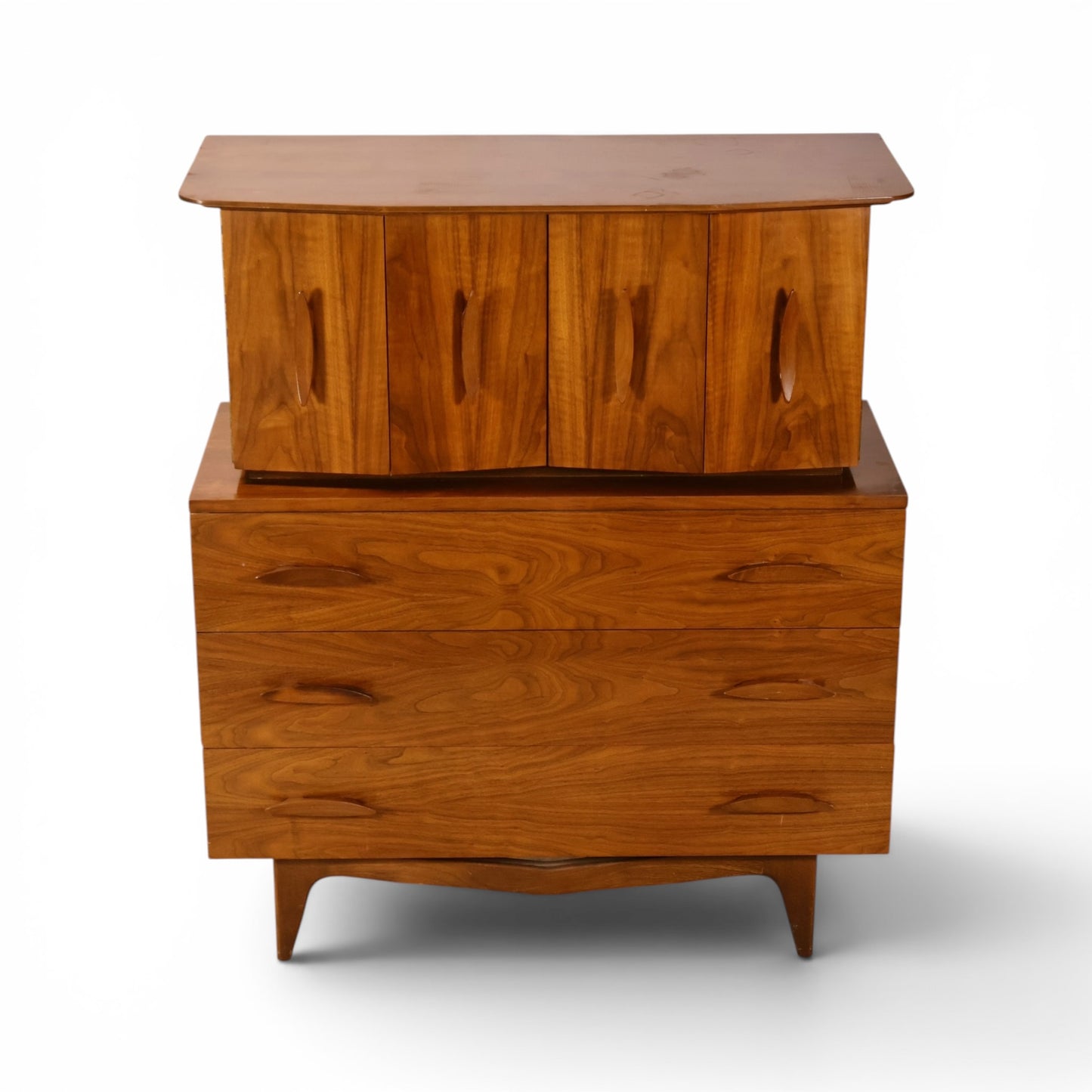 Young Manufacturing sculptural highboy dresser angled front view showing flared crown top and splayed legs