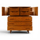 Young Manufacturing sculptural highboy with cabinet doors open revealing fitted bank of four drawers