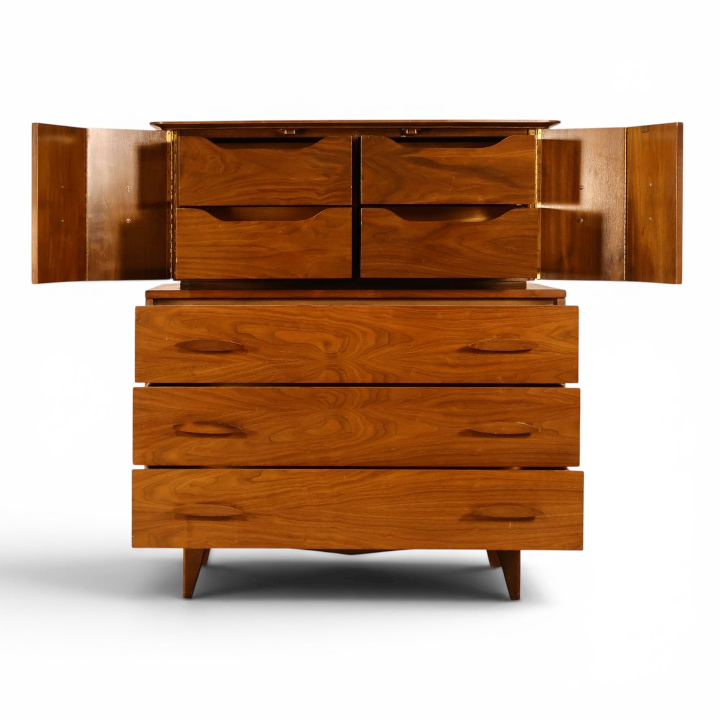 Young Manufacturing sculptural highboy with cabinet doors open revealing fitted bank of four drawers