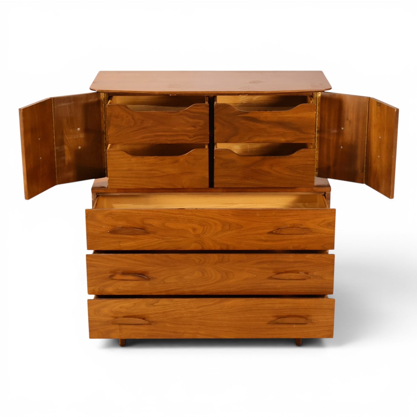 Young Manufacturing sculptural highboy dresser fully open showing upper drawer bank and lower drawers extended