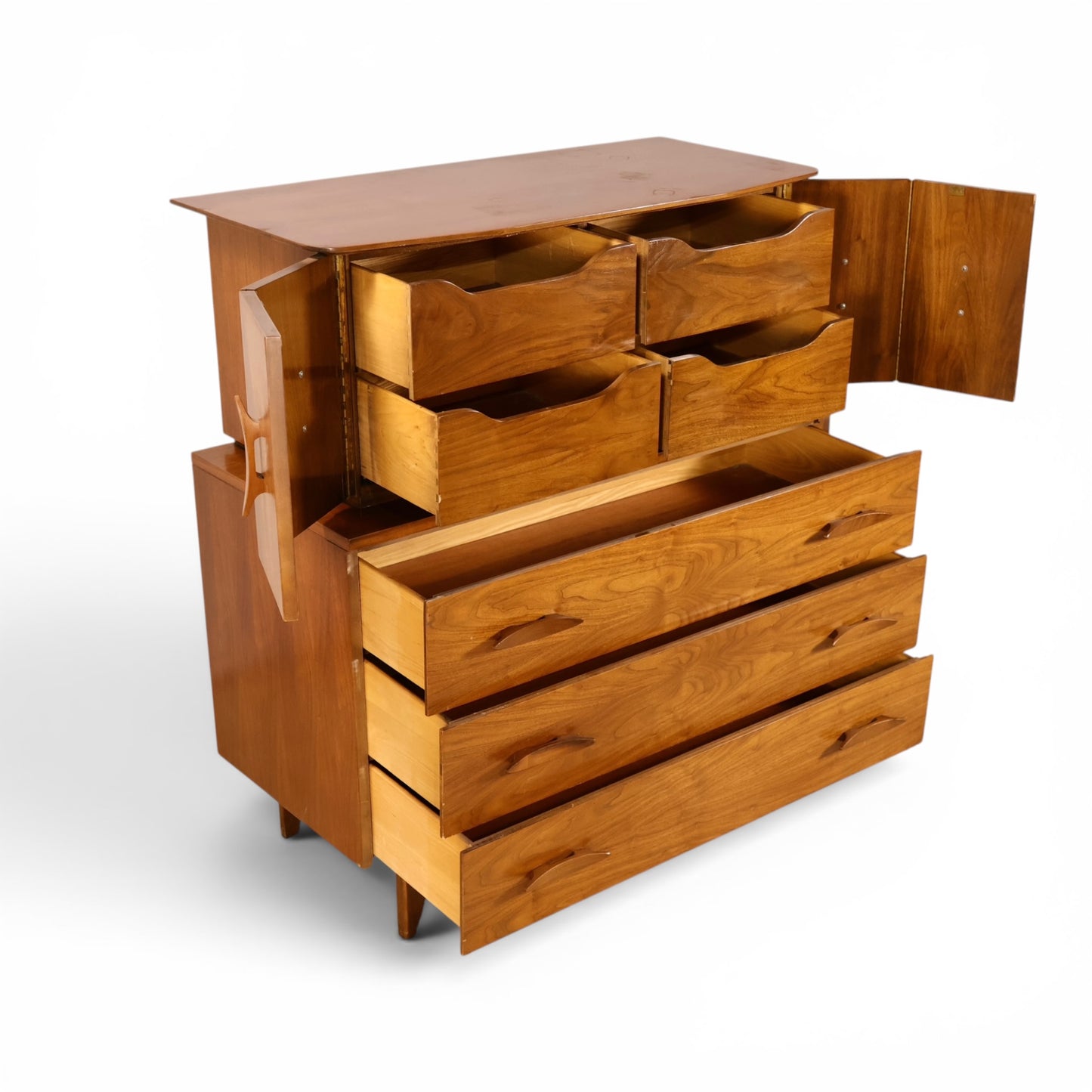 Young Manufacturing sculptural highboy dresser angled view with all drawers open showing solid wood construction