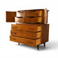 Young Manufacturing sculptural highboy dresser three quarter open view with lower drawers extended