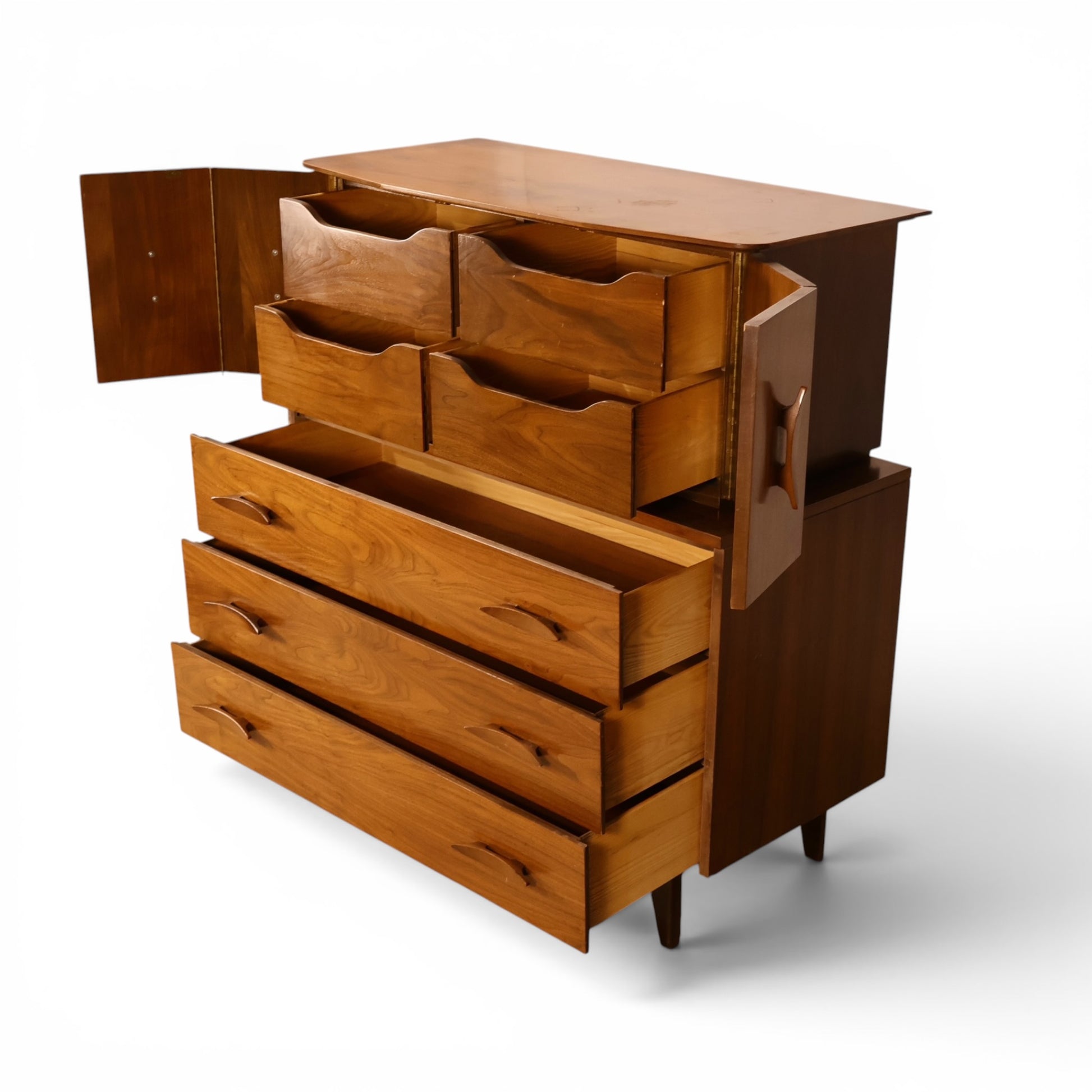 Young Manufacturing sculptural highboy dresser angled view with upper and lower drawers open