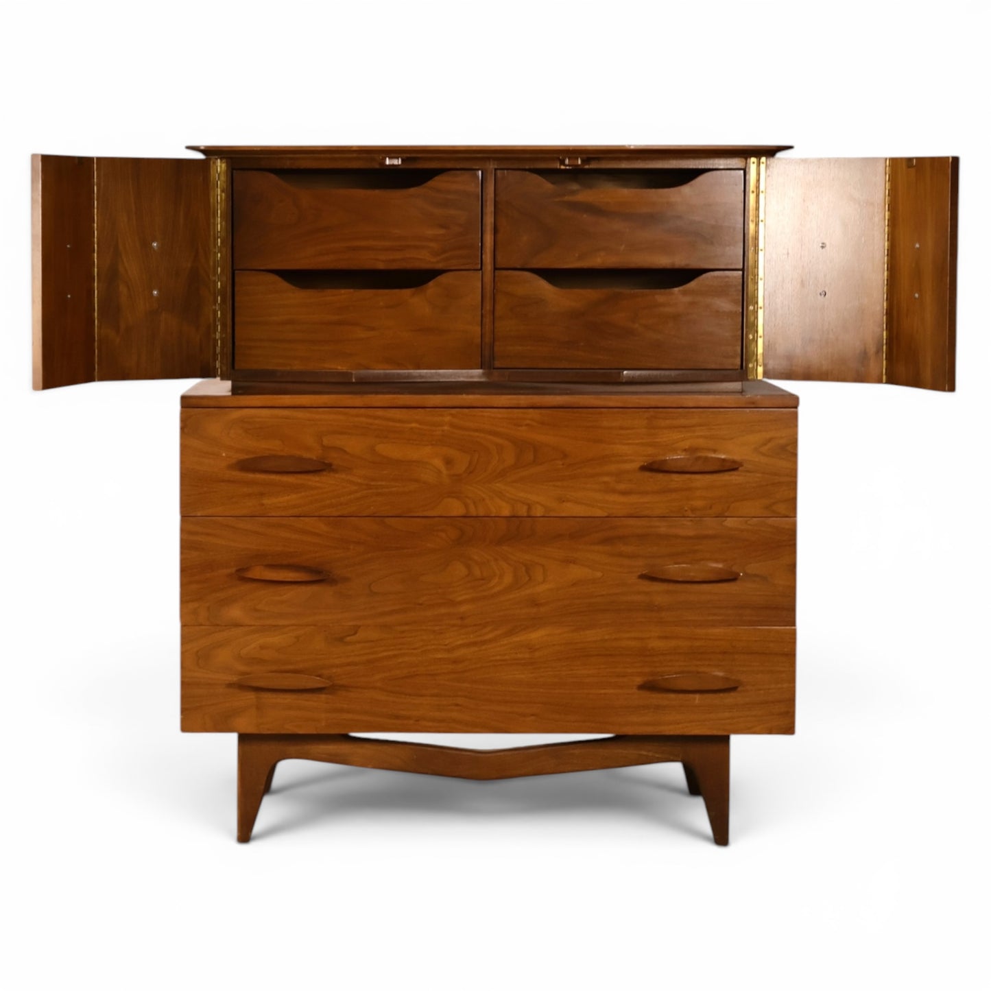 Young Manufacturing sculptural highboy with doors open showing drawer bank above three long drawers