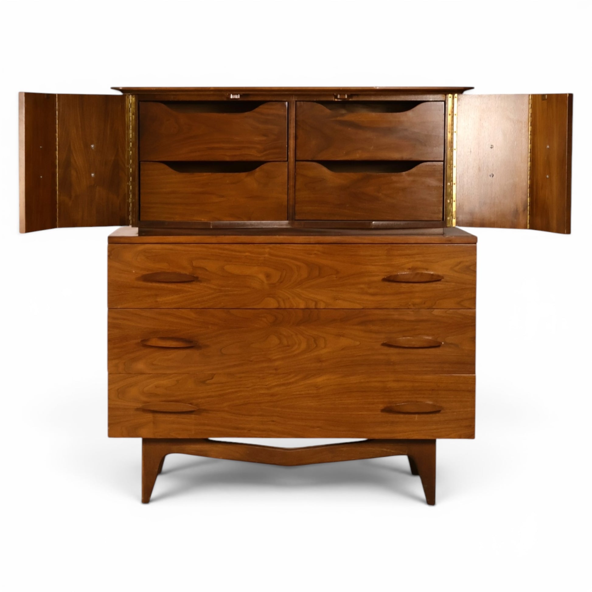 Young Manufacturing sculptural highboy with doors open showing drawer bank above three long drawers