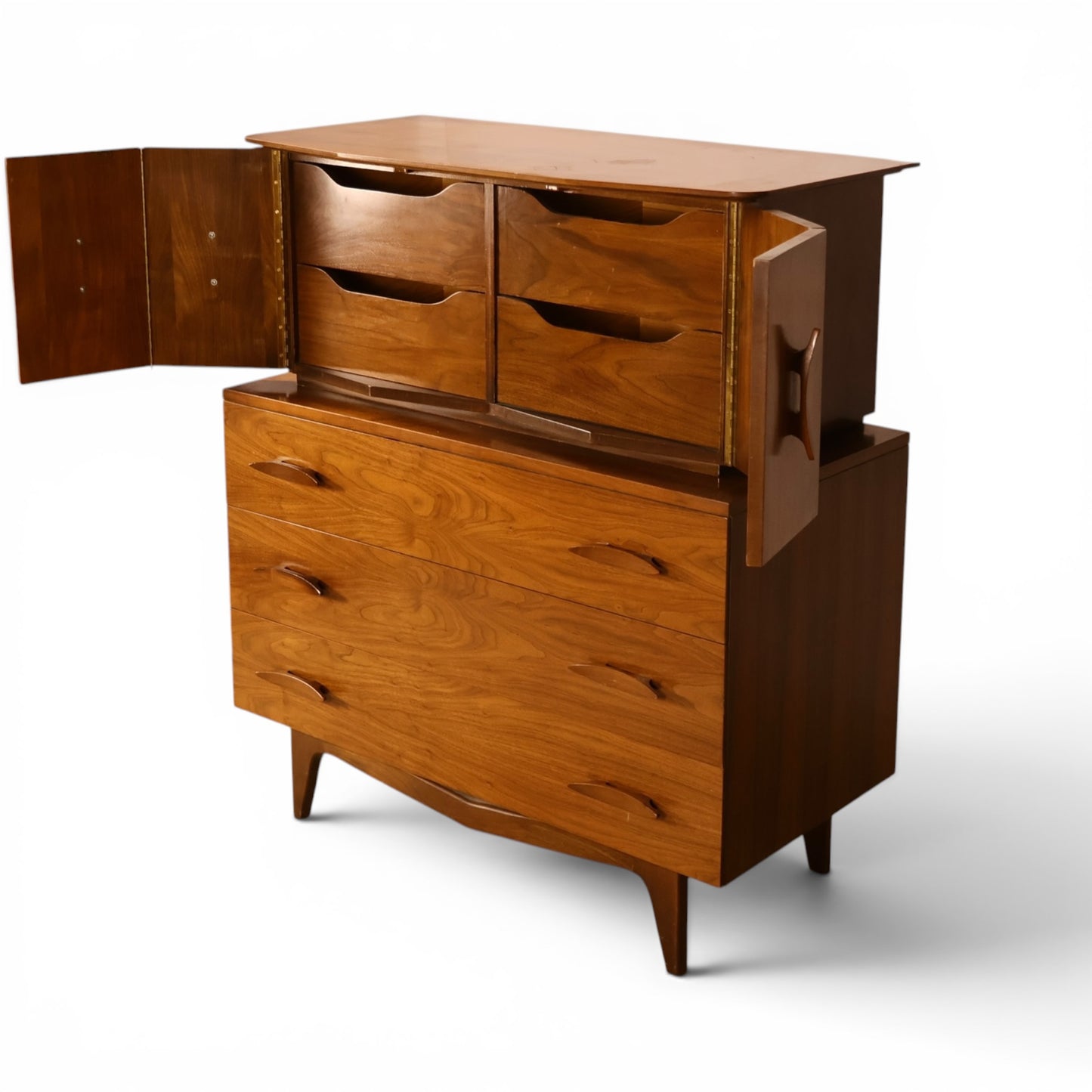 Young Manufacturing sculptural highboy dresser open cabinet angled view in walnut