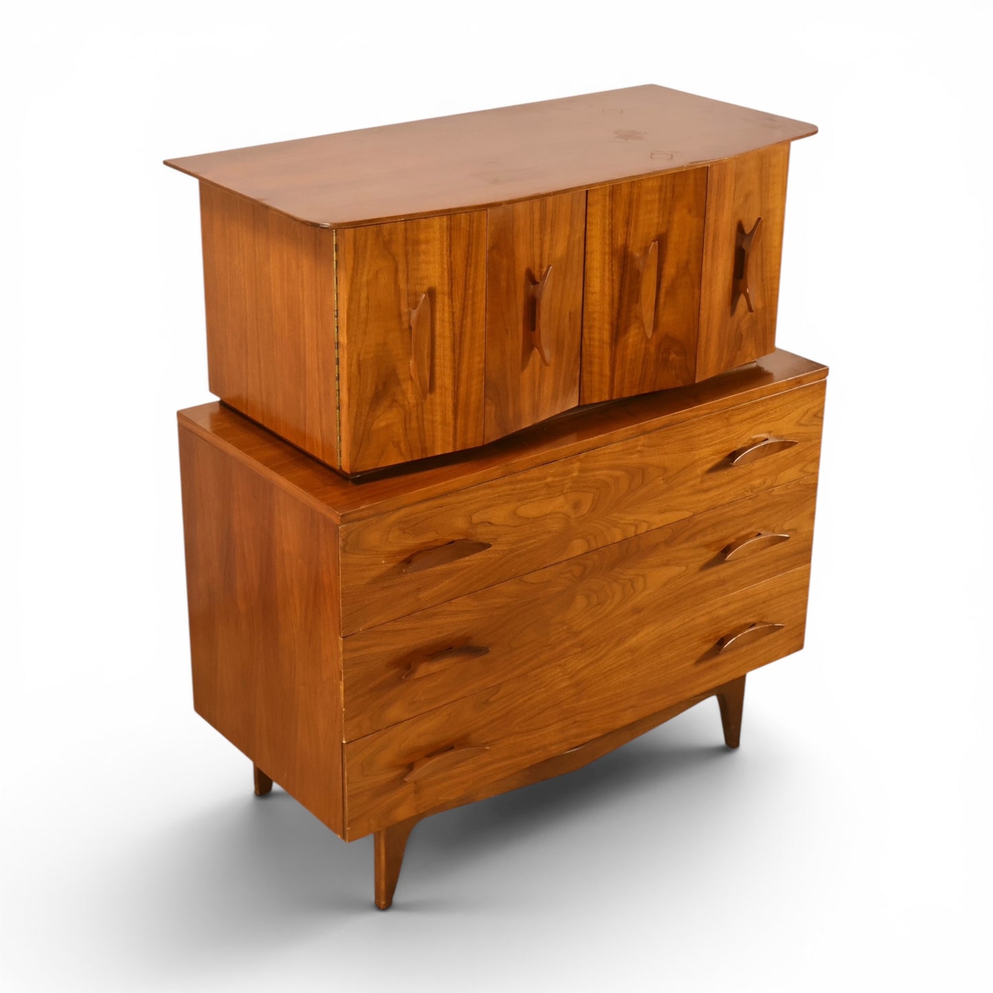 Young Manufacturing sculptural highboy dresser rear three quarter view showing case and crown