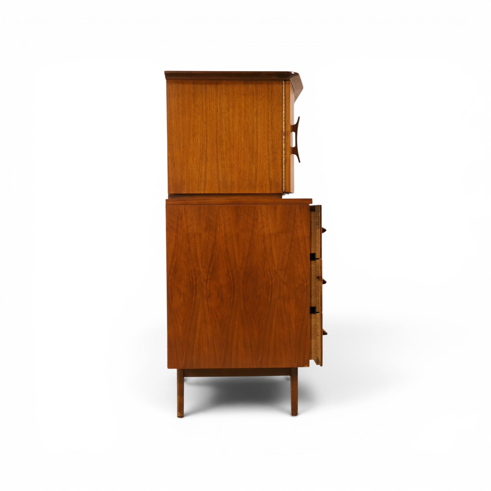 Young Manufacturing sculptural highboy dresser side profile with drawers open showing case depth