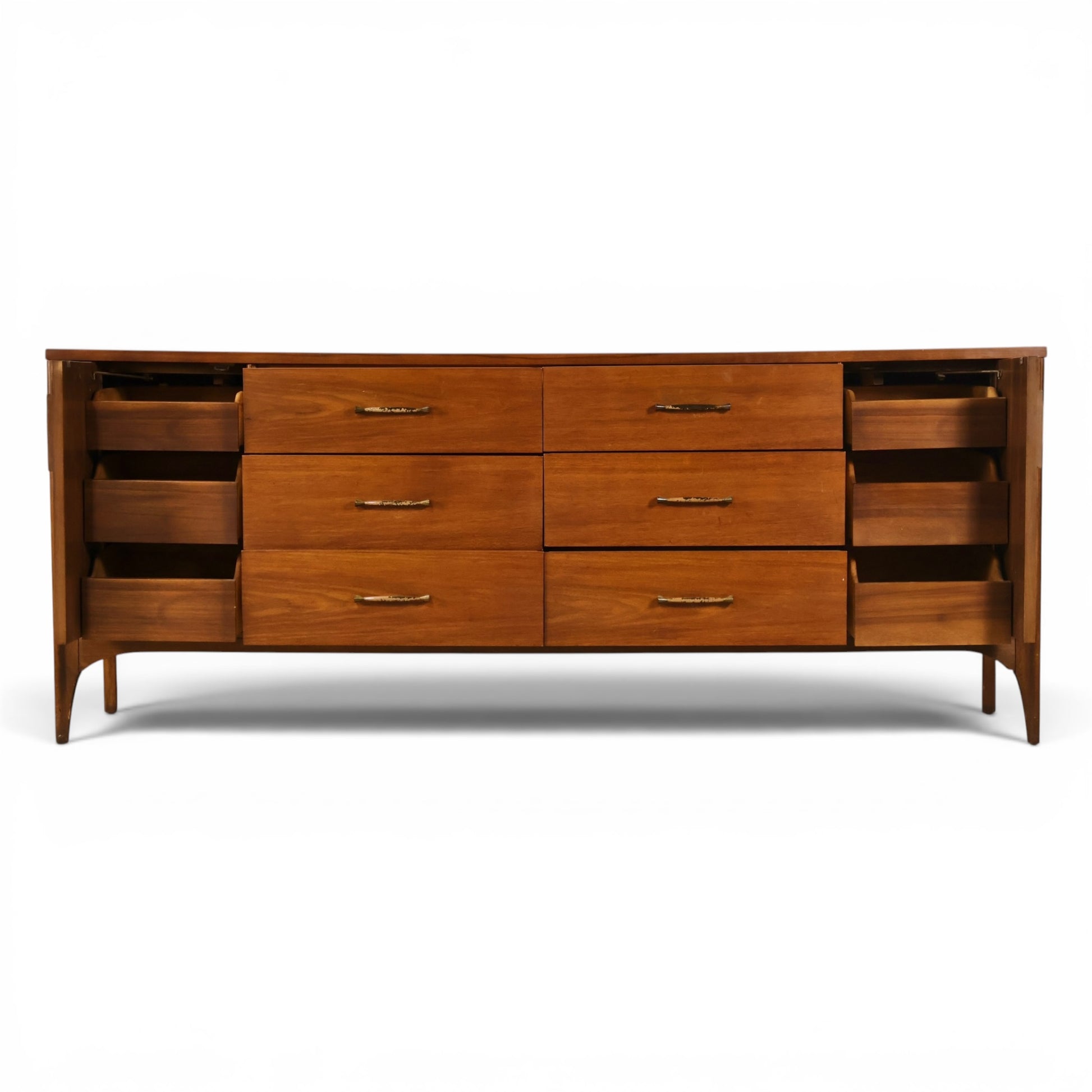 Kent Coffey Perspecta lowboy dresser with sculpted doors open revealing concealed banks of three drawers