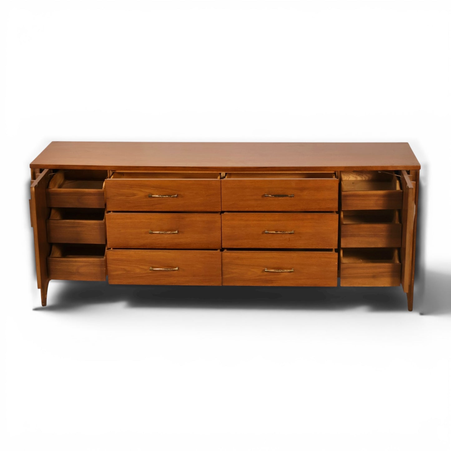 Kent Coffey Perspecta 12 drawer lowboy dresser with all center drawers and side drawer banks open