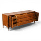 Kent Coffey Perspecta lowboy dresser with drawers extended showing solid wood drawer boxes