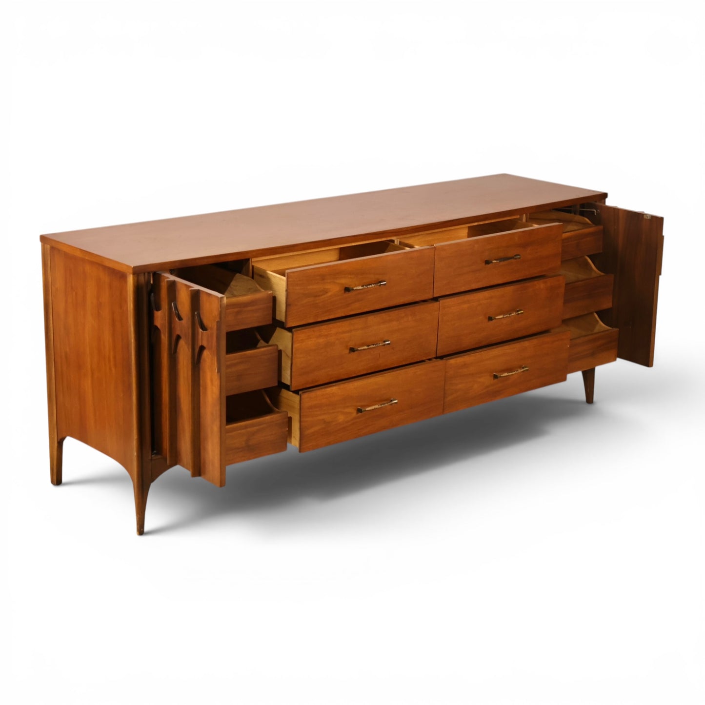 Kent Coffey Perspecta lowboy dresser with drawers extended showing solid wood drawer boxes