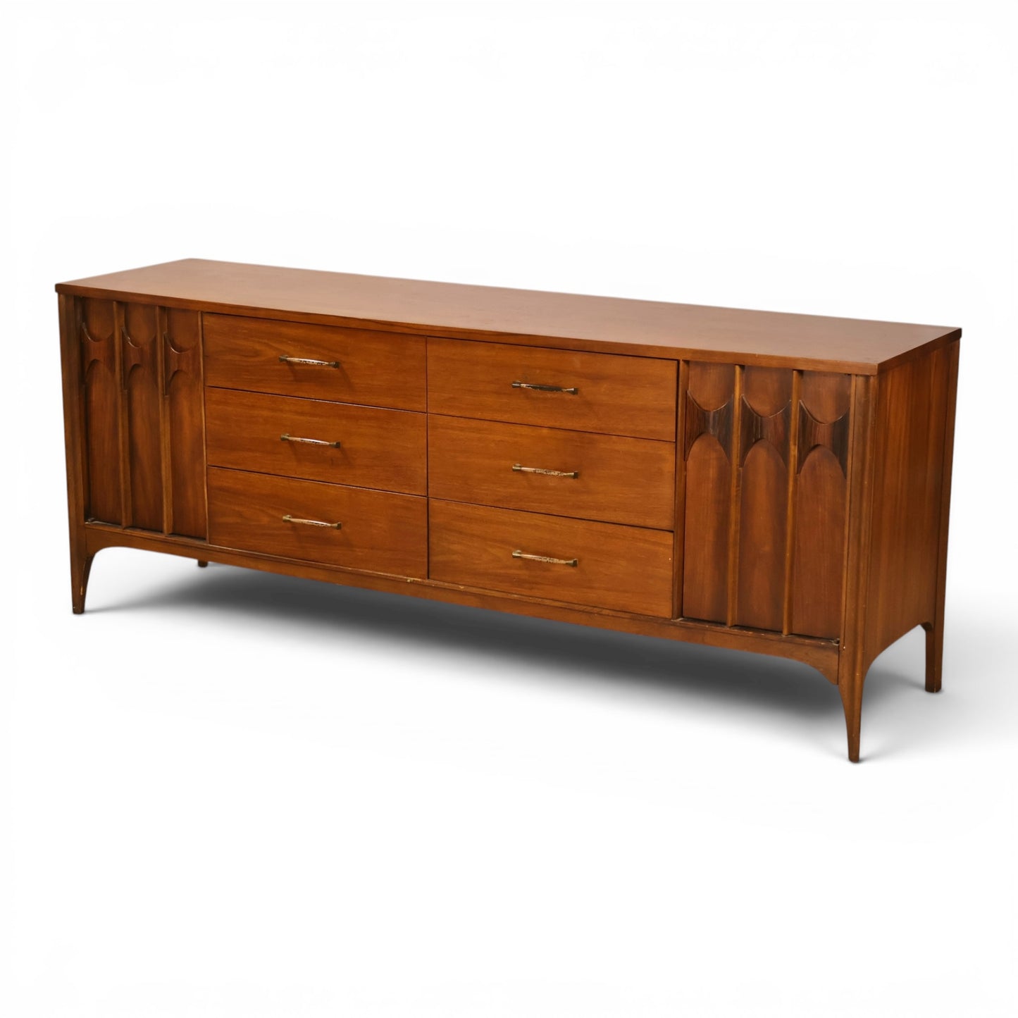 Kent Coffey Perspecta lowboy dresser opposite angle view showing walnut top grain and sculpted pulls