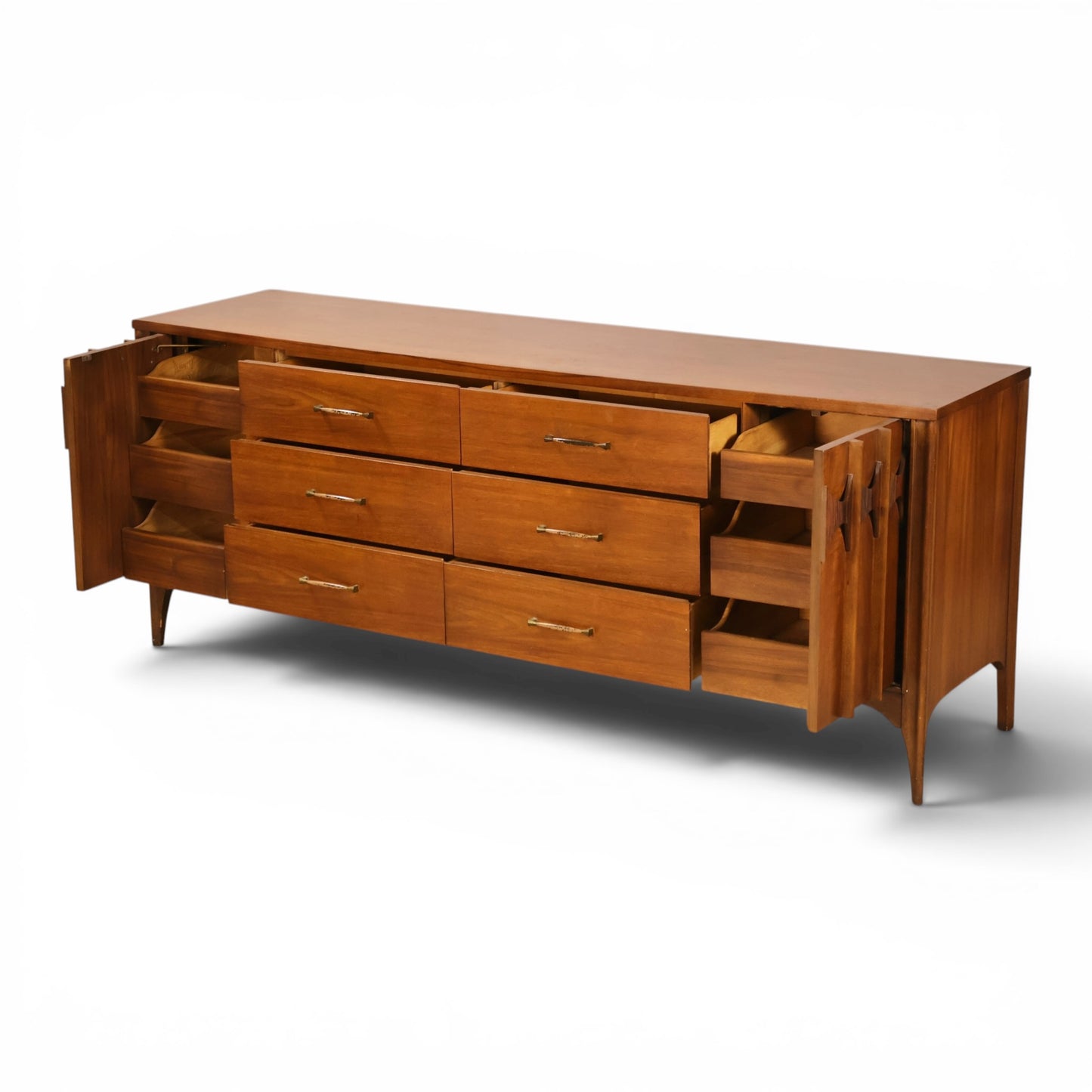 Kent Coffey Perspecta 12 drawer lowboy dresser with center drawers and concealed drawers open