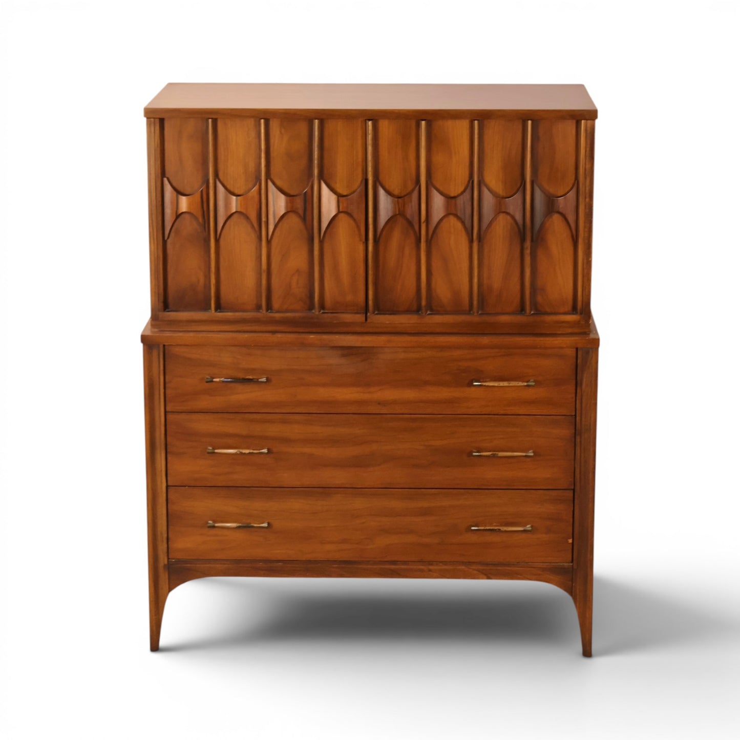 Kent Coffey Perspecta gentlemen's highboy dresser straight on view showing carved upper cabinet and sculpted drawer pulls