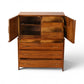 Kent Coffey Perspecta highboy dresser with cabinet doors open showing fitted interior shelf and small drawers