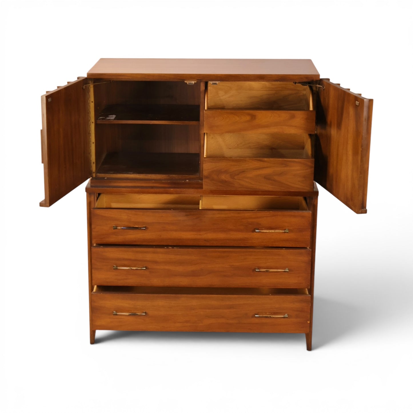Kent Coffey Perspecta highboy dresser with cabinet doors open showing fitted interior shelf and small drawers