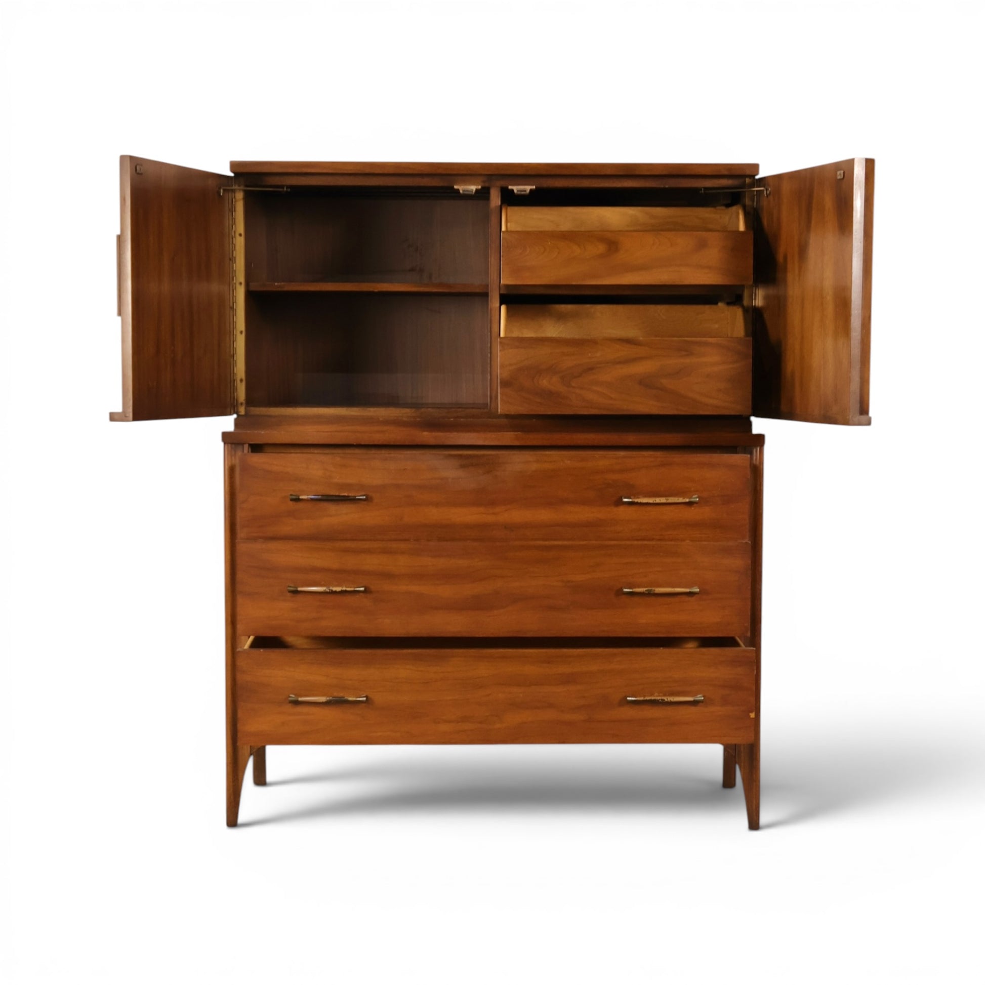 Kent Coffey Perspecta gentlemen's highboy with doors open revealing interior drawer bank and shelving