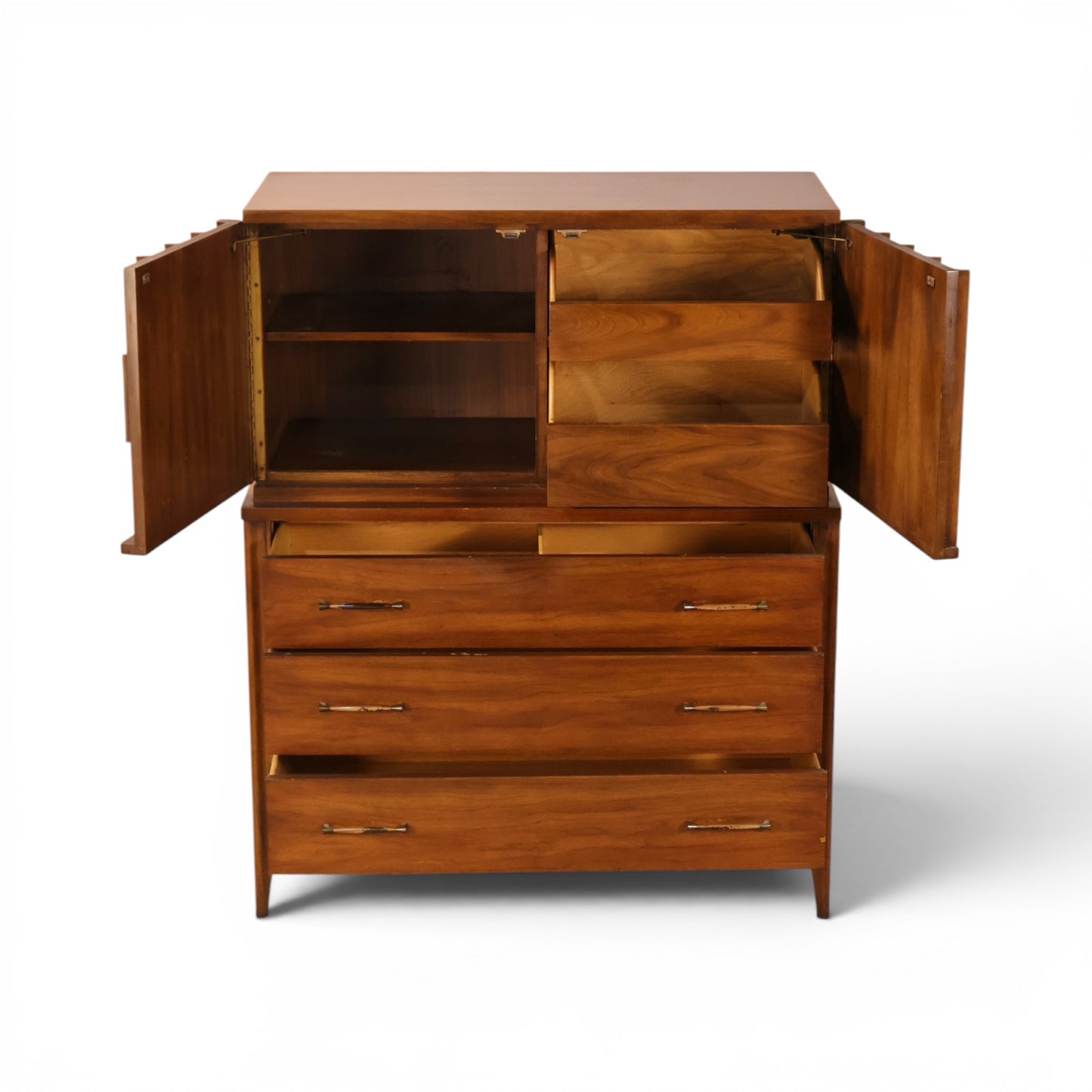 Kent Coffey Perspecta highboy dresser open cabinet view showing interior storage layout