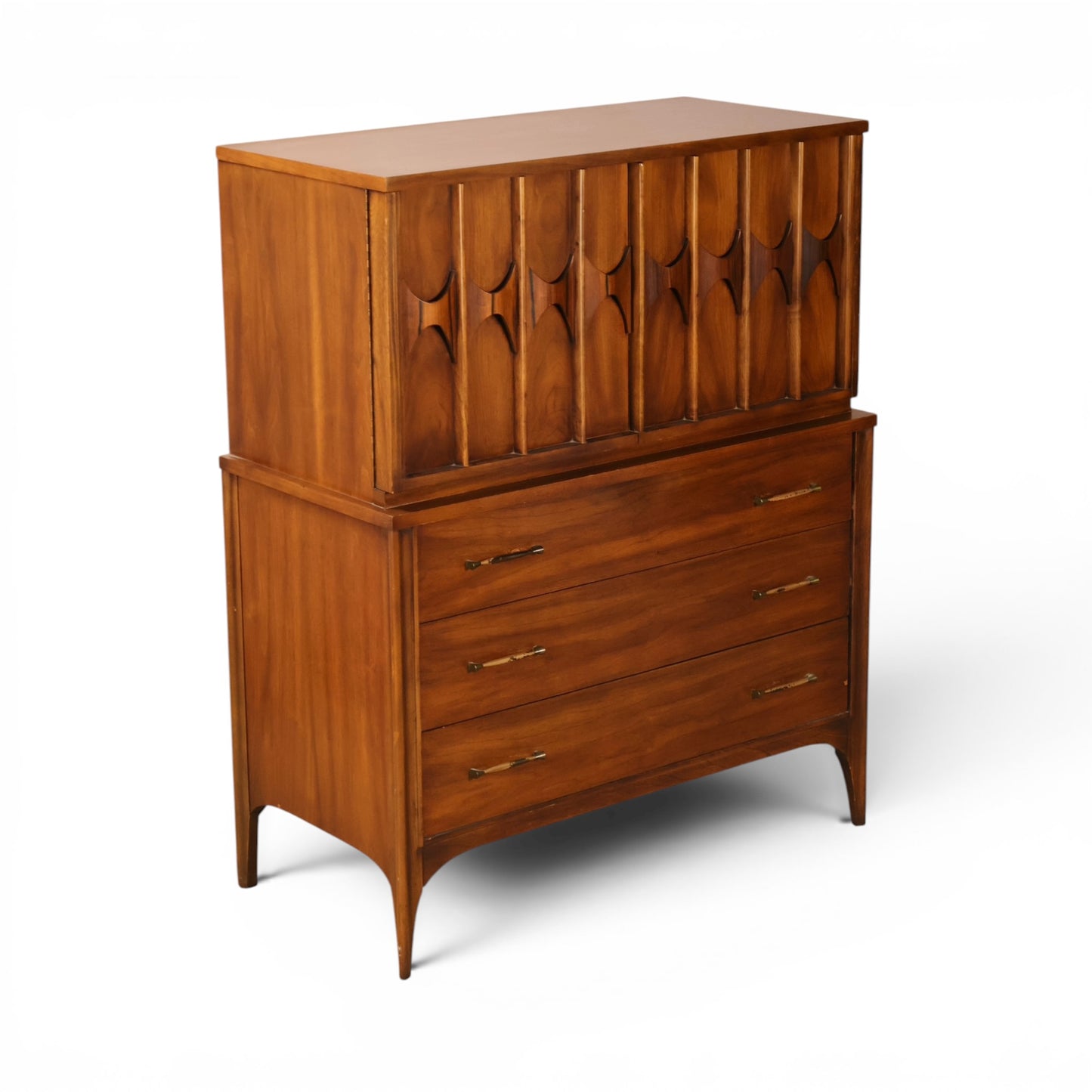 Kent Coffey Perspecta gentlemen's highboy dresser three quarter view in walnut