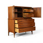 Kent Coffey Perspecta highboy dresser angled view with cabinet and lower drawers open