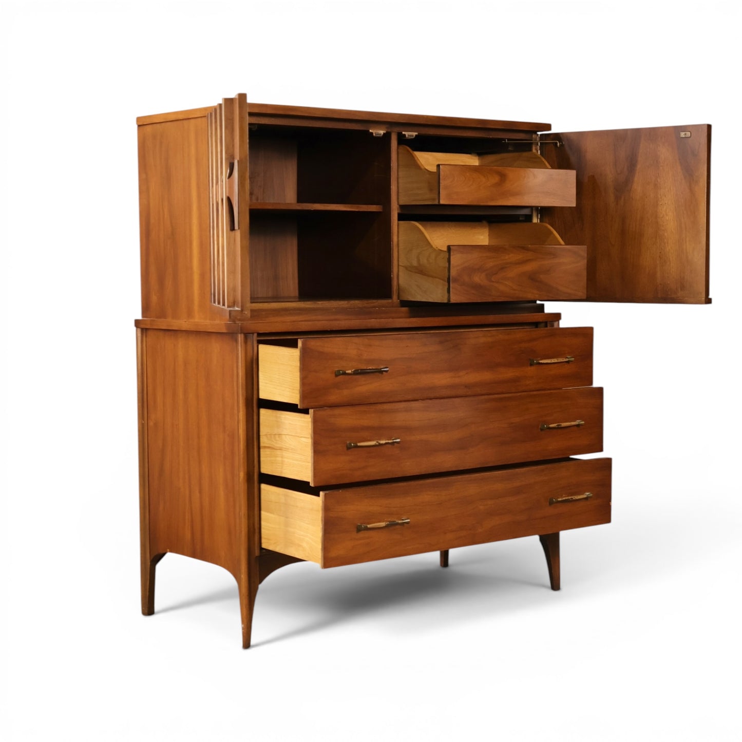 Kent Coffey Perspecta highboy dresser angled view with cabinet and lower drawers open