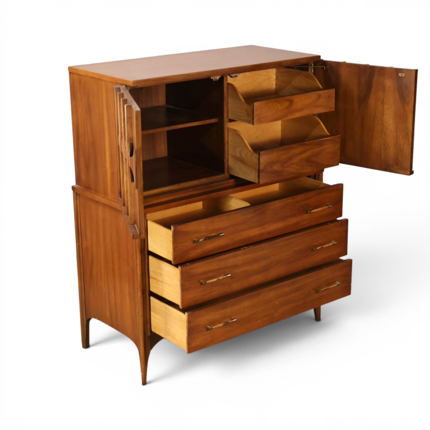 Kent Coffey Perspecta highboy dresser open view showing solid wood drawer boxes in upper and lower sections