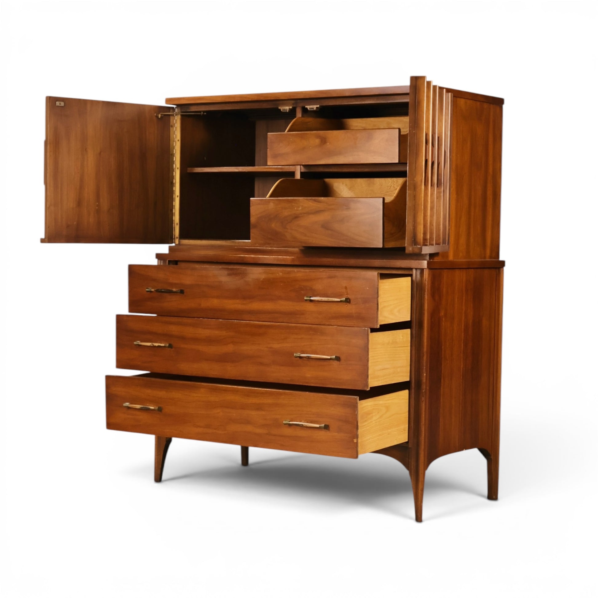 Kent Coffey Perspecta highboy dresser side angle with doors and drawers extended