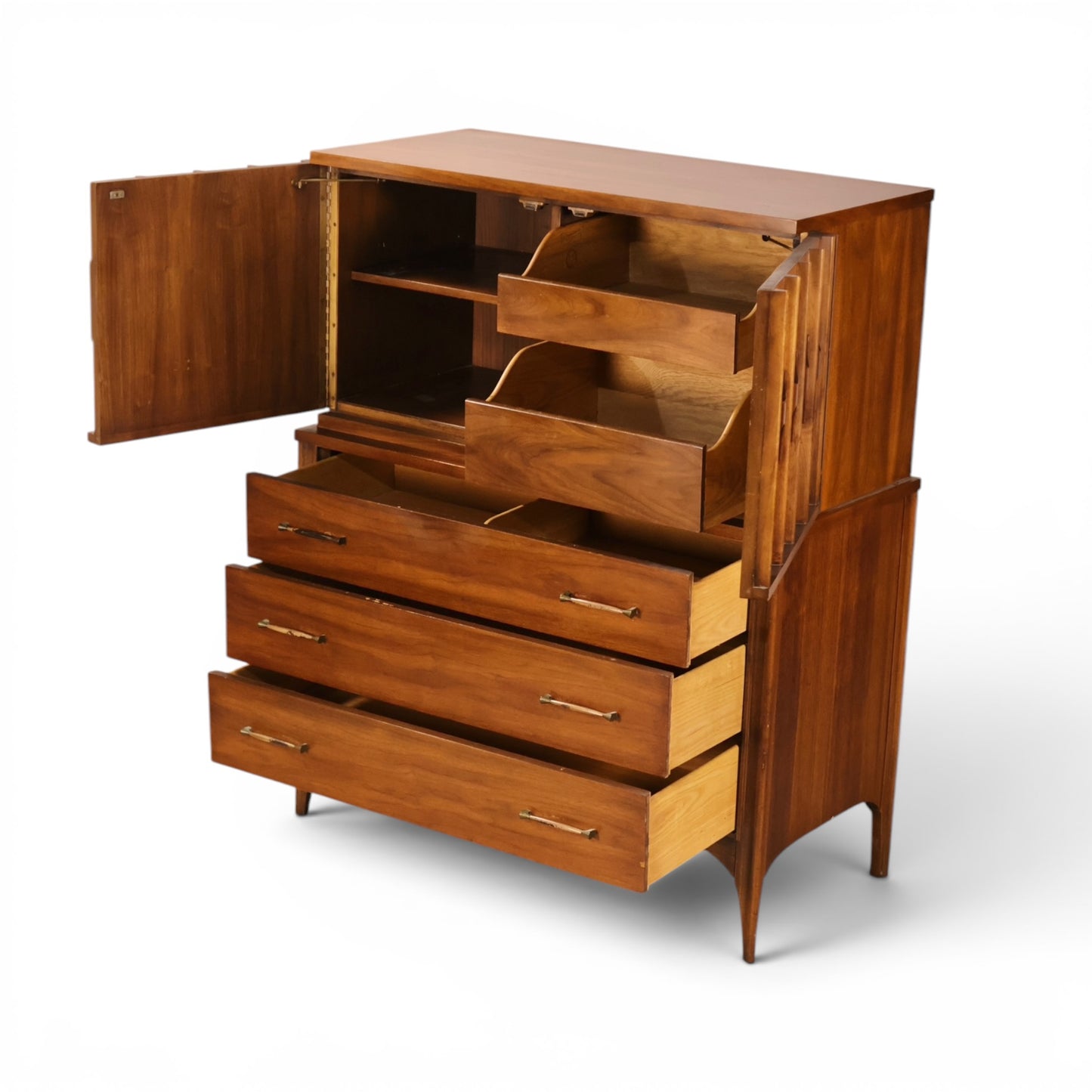 Kent Coffey Perspecta highboy dresser angled open view showing drawer construction