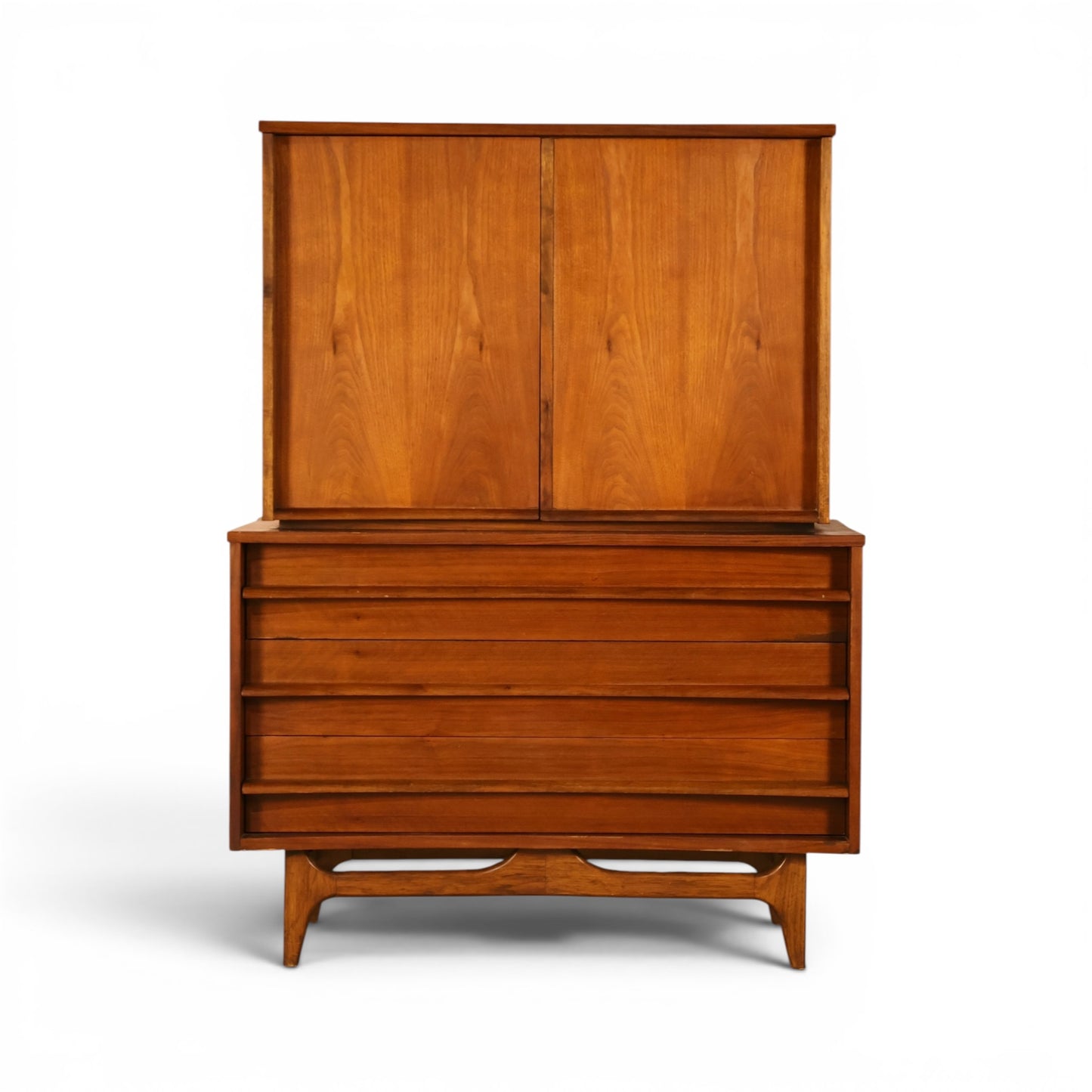 Young Manufacturing walnut concave highboy dresser front view with book matched cabinet doors and three concave drawers