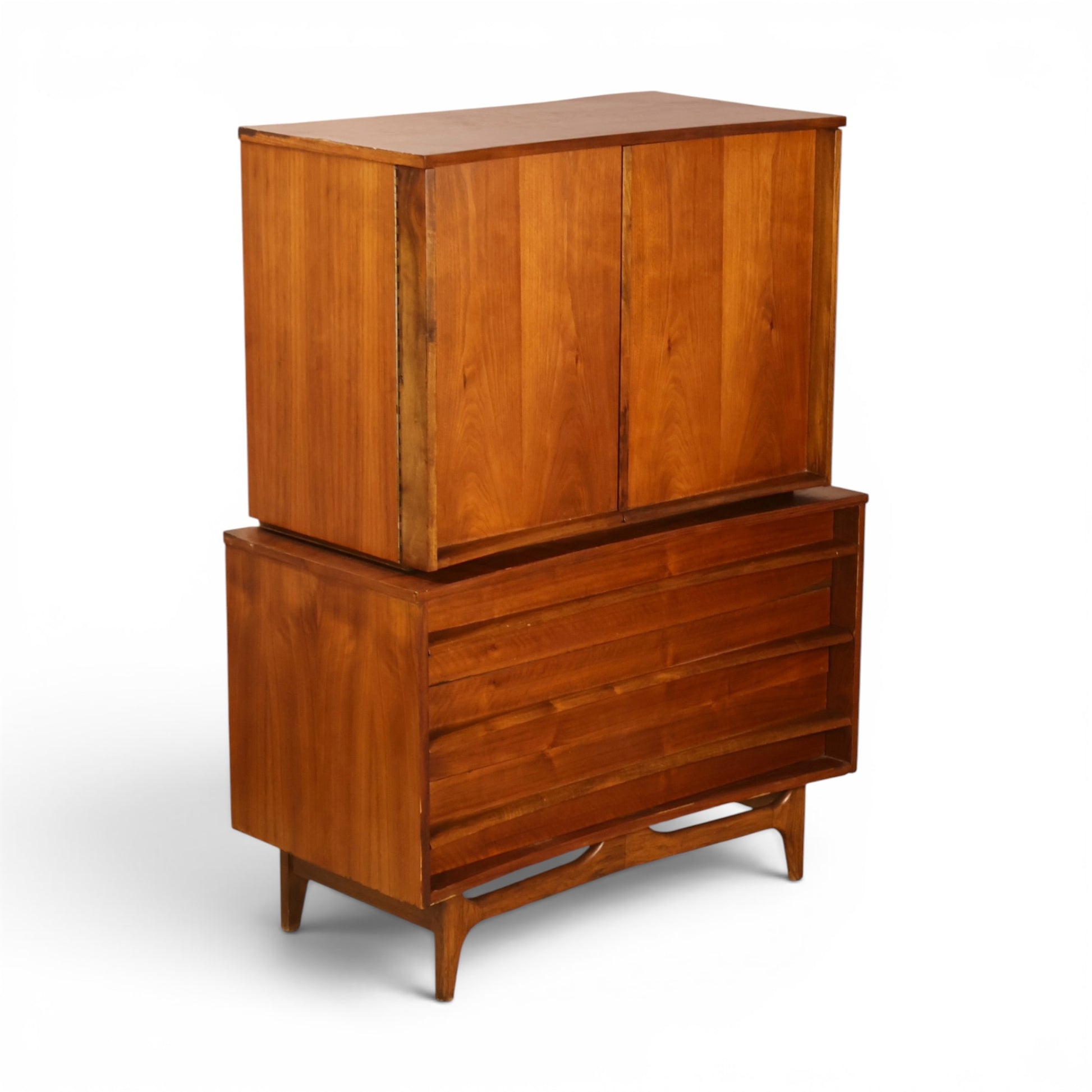 Young Manufacturing highboy dresser three quarter view showing concave drawer fronts and stretcher base