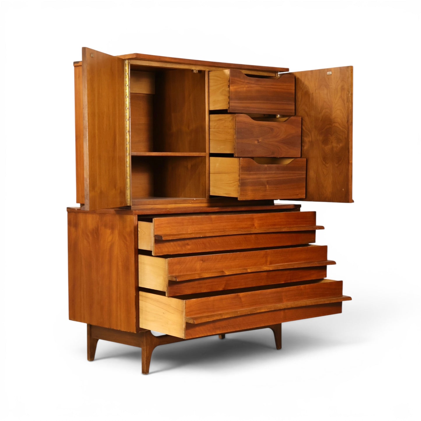 Young Manufacturing concave highboy dresser angled view with cabinet and drawers open showing storage layout