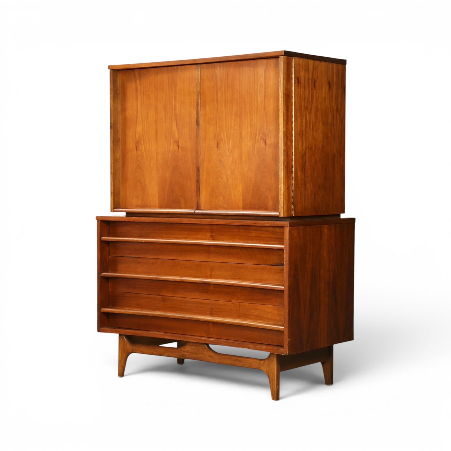 Young Manufacturing concave highboy dresser opposite angle view in walnut