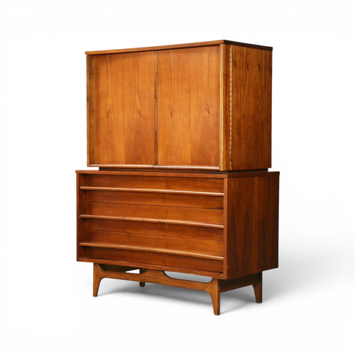Young Manufacturing concave highboy dresser opposite angle view in walnut