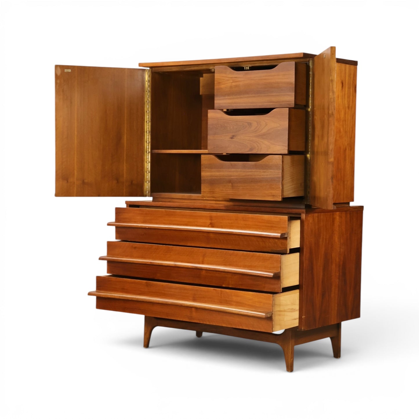 Young Manufacturing concave highboy dresser with upper drawers and lower drawers extended