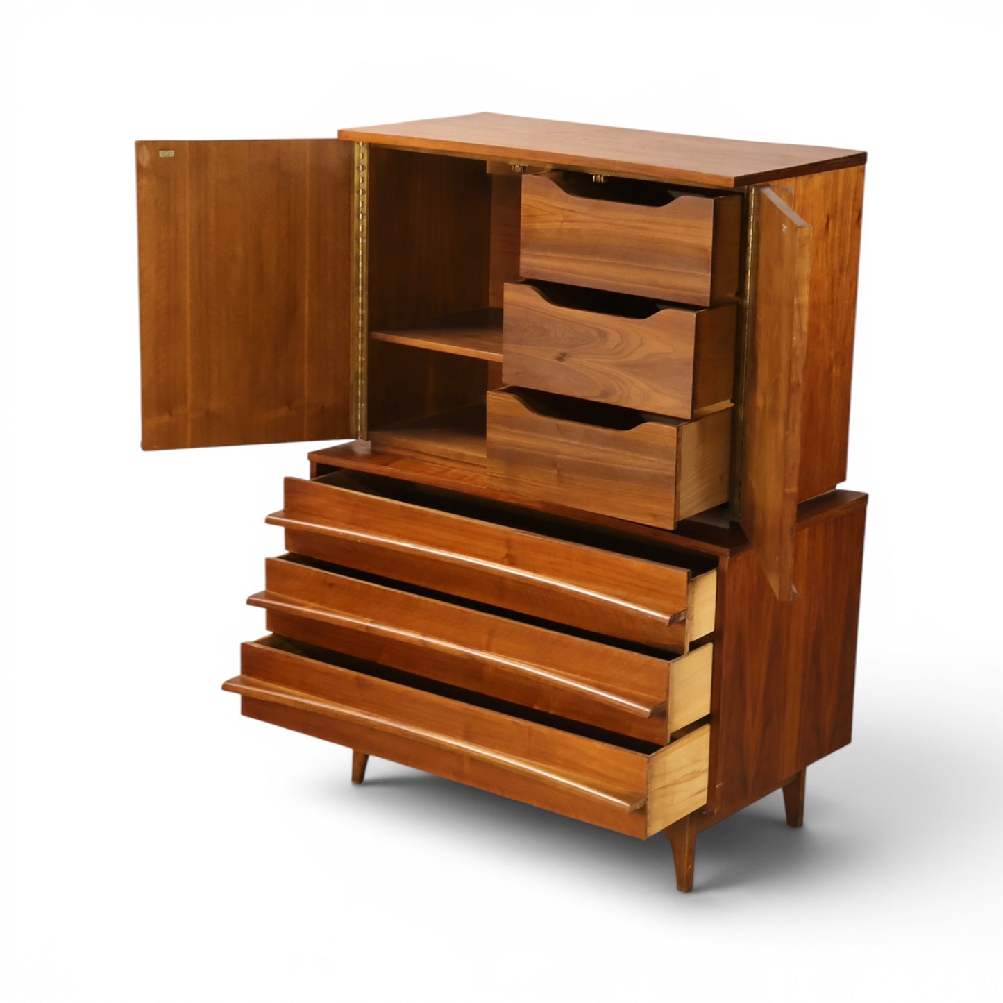 Young Manufacturing highboy dresser open cabinet with shelf and drawer bank angled view