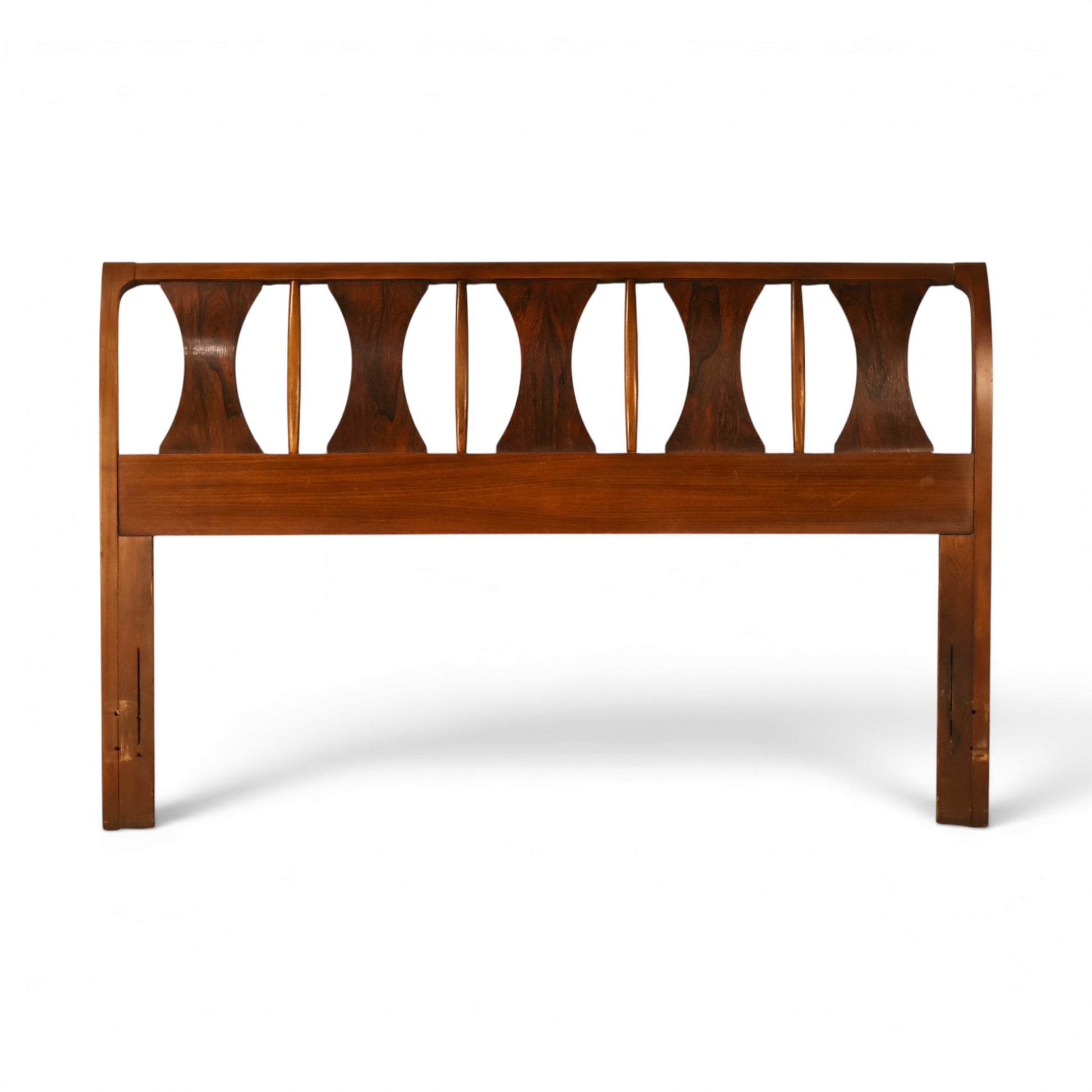 Kent Coffey Perspecta walnut queen or full headboard front view with five sculpted hourglass rosewood tone panels