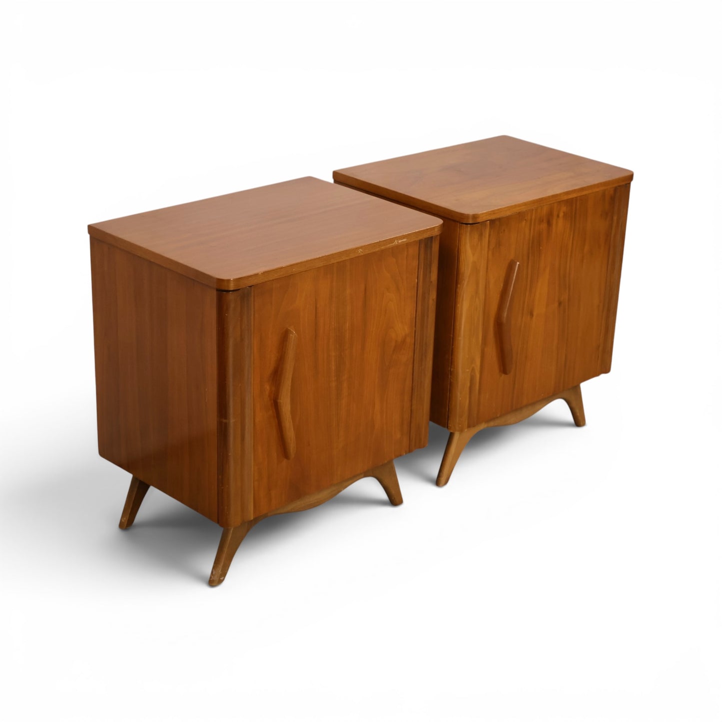 Young Manufacturing nightstands angled view showing walnut tops and case depth