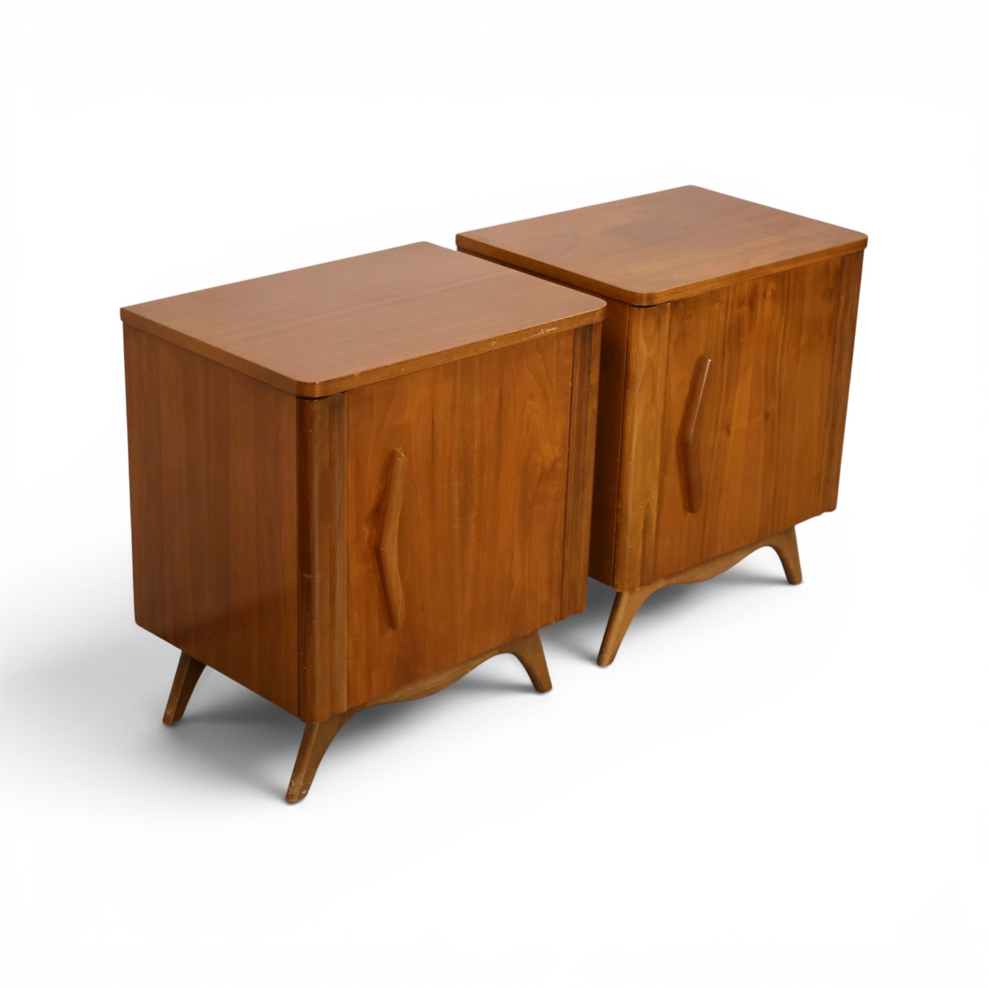 Young Manufacturing nightstands angled view showing walnut tops and case depth