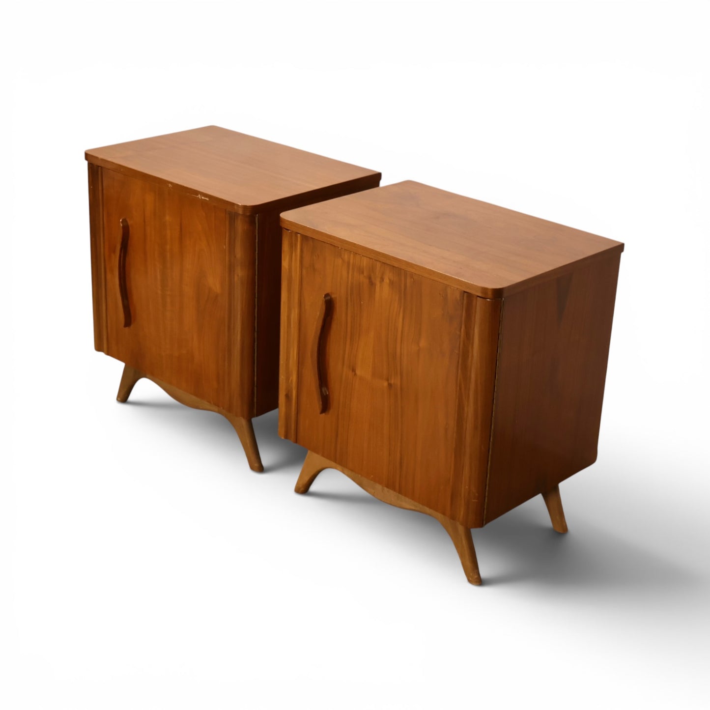 Young Manufacturing pair of nightstands opposite angle view showing book matched walnut doors
