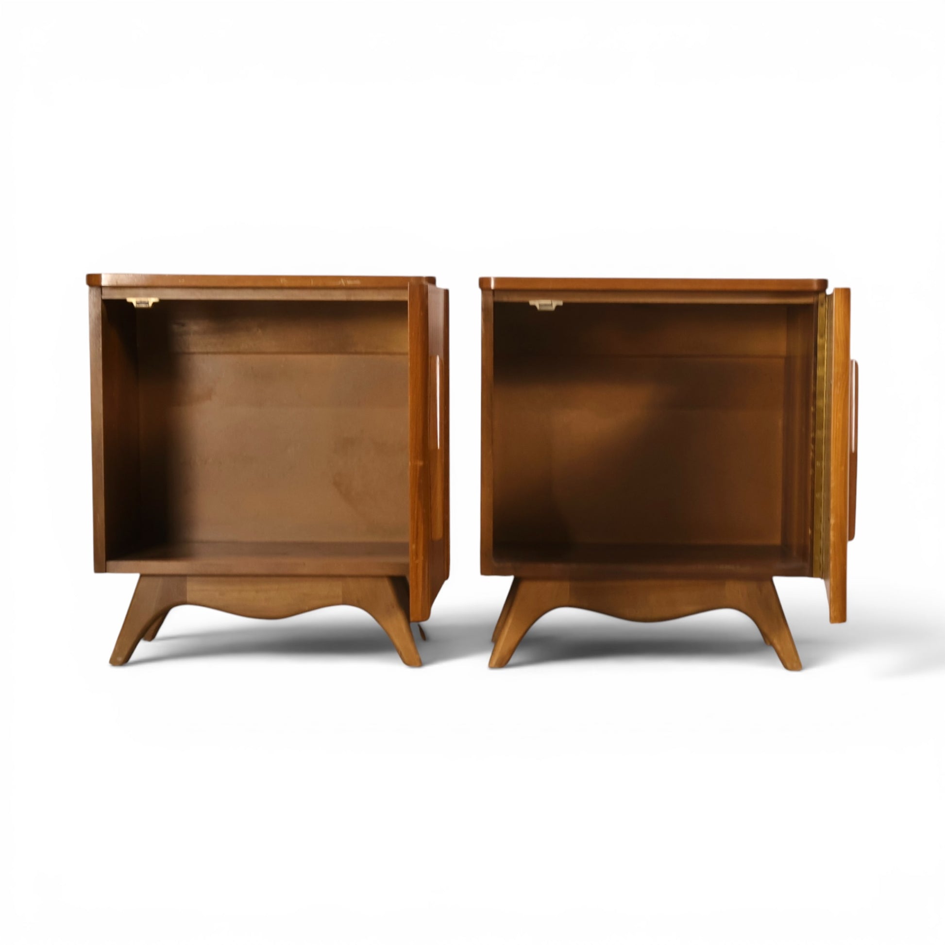 Young Manufacturing nightstands with doors open showing roomy open cabinet interiors