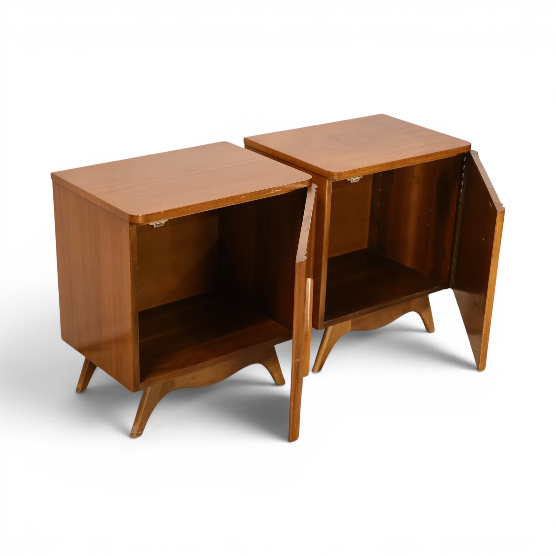 Young Manufacturing nightstands open cabinet view showing carved door pulls and interiors