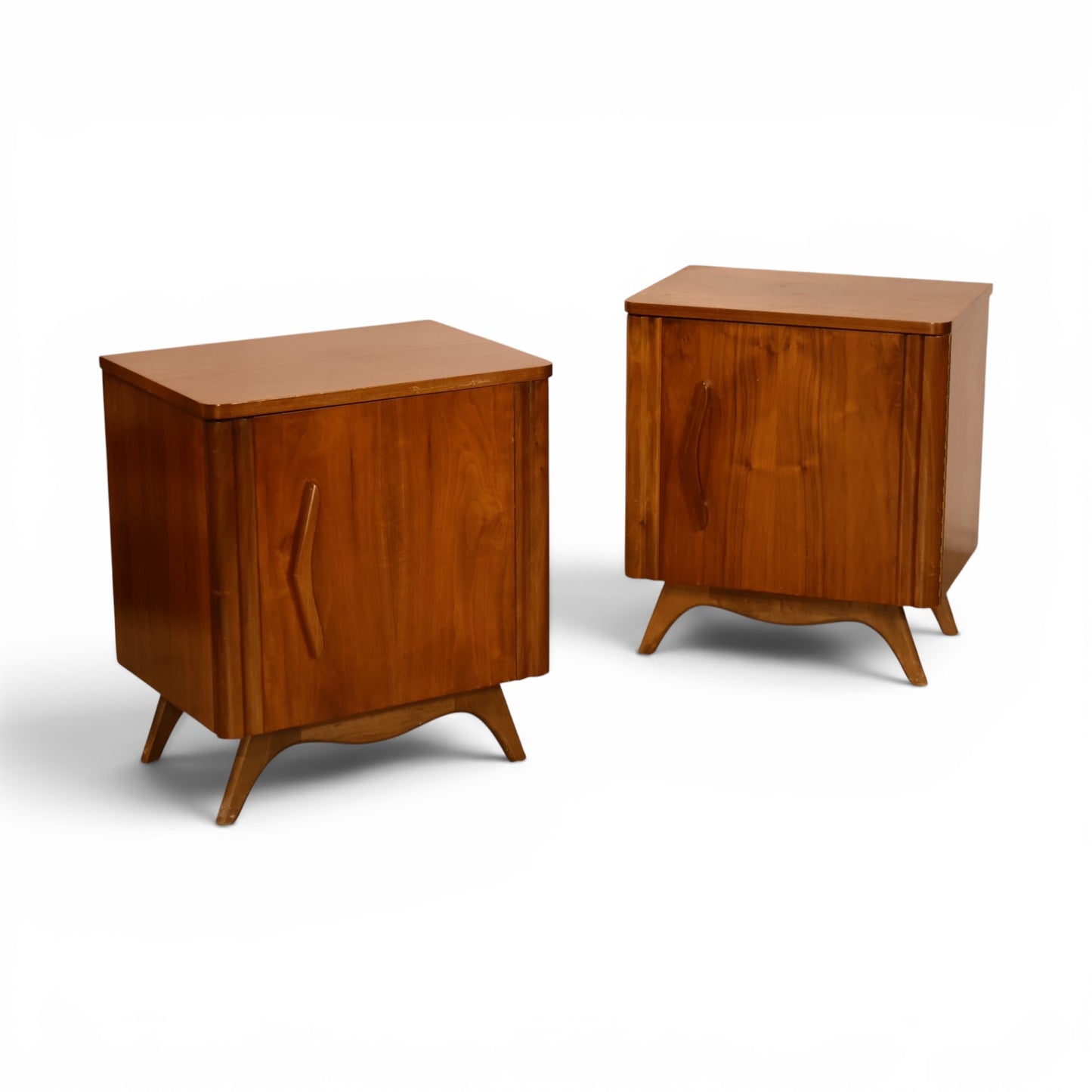 Young Manufacturing nightstands angled pair view showing sculptural silhouettes