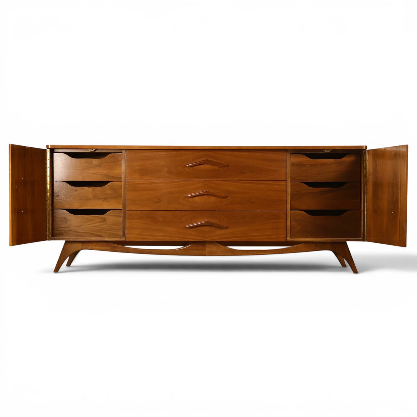 Young Manufacturing lowboy dresser with curved end doors open revealing concealed drawer banks