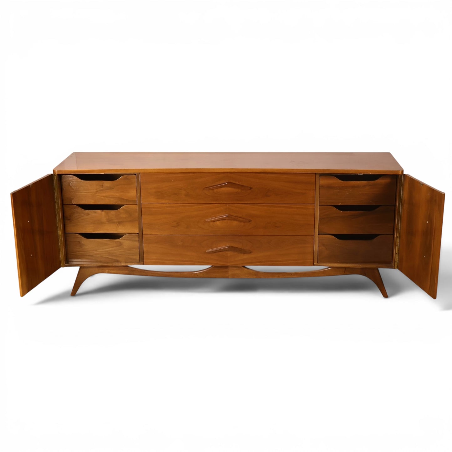 Young Manufacturing lowboy dresser with doors open showing side drawer banks and center drawers