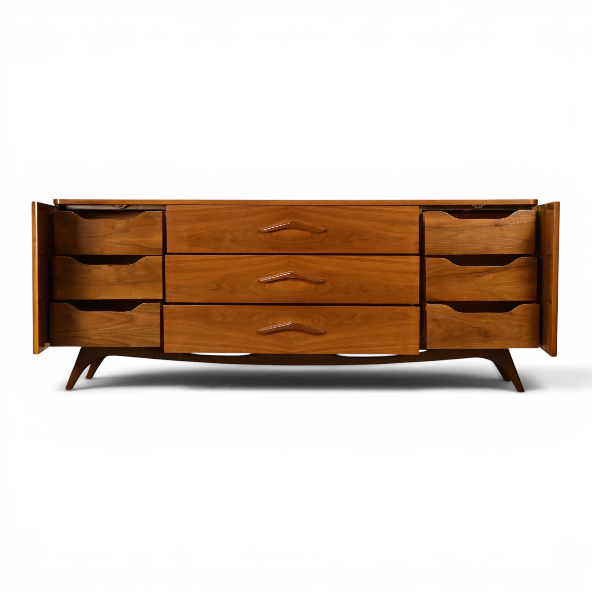 Young Manufacturing nine drawer lowboy dresser with all storage open