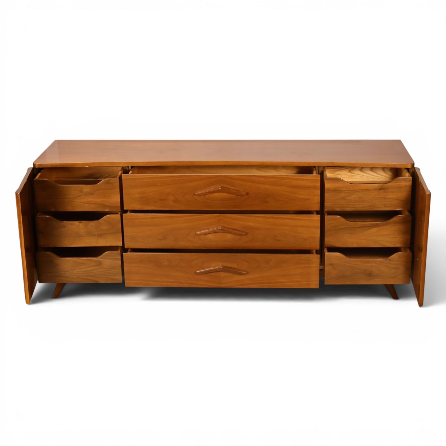 Young Manufacturing lowboy dresser front view with side banks of three drawers exposed